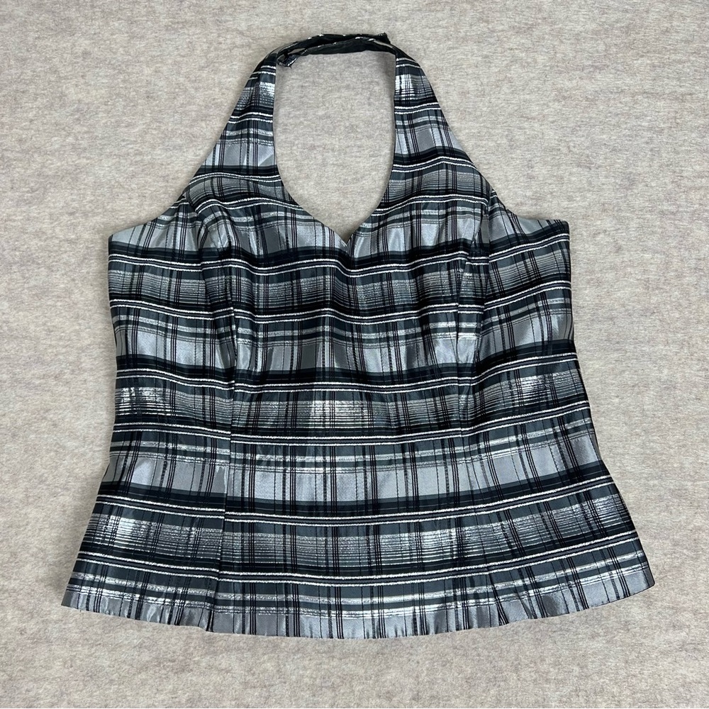 Vintage Women's XSCAPE Stylish Black and Silver Plaid Halter Top - Size 12